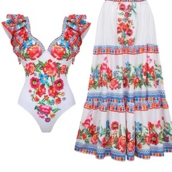 Boho Blanca resort onepiece swimsuit & maxi cover-up skirt white red blue floral - Picture 2 of 16